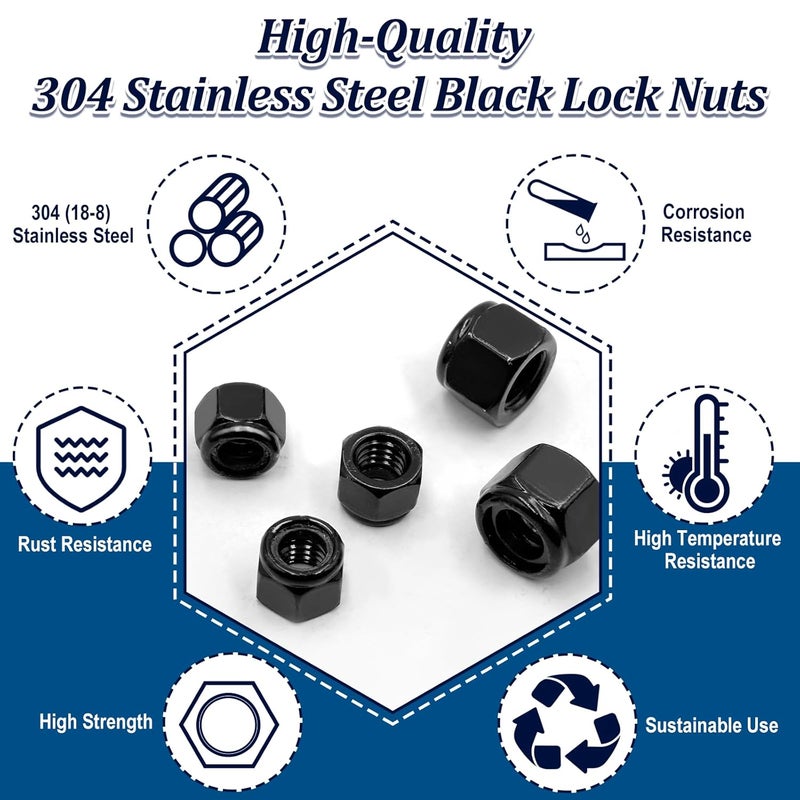 ZQZ 110 Pack Black SAE Nylon Insert Locknuts Assortment Kit, 6#32 8#32 10#24 10#32 1/4"-20 5/16"-18 3/8"-16 1/2"-13 Nylock Nuts Set, 304 Stainless Steel Standard Inch Threaded Black Lock Nuts - Image 4